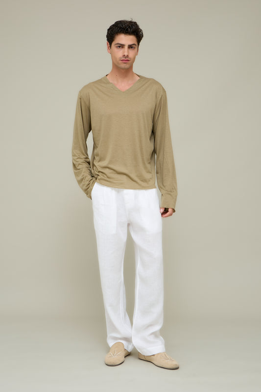V-neck Silk Longsleeve - Grano Chiaro