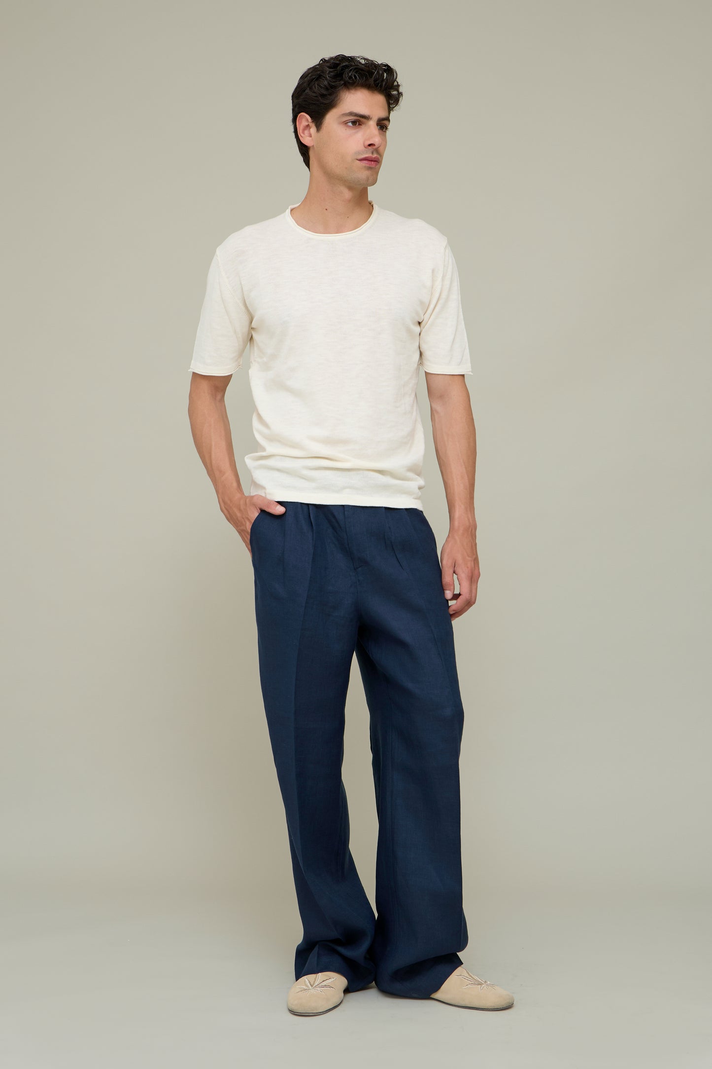 Linen Straight Trousers - Blue Marina