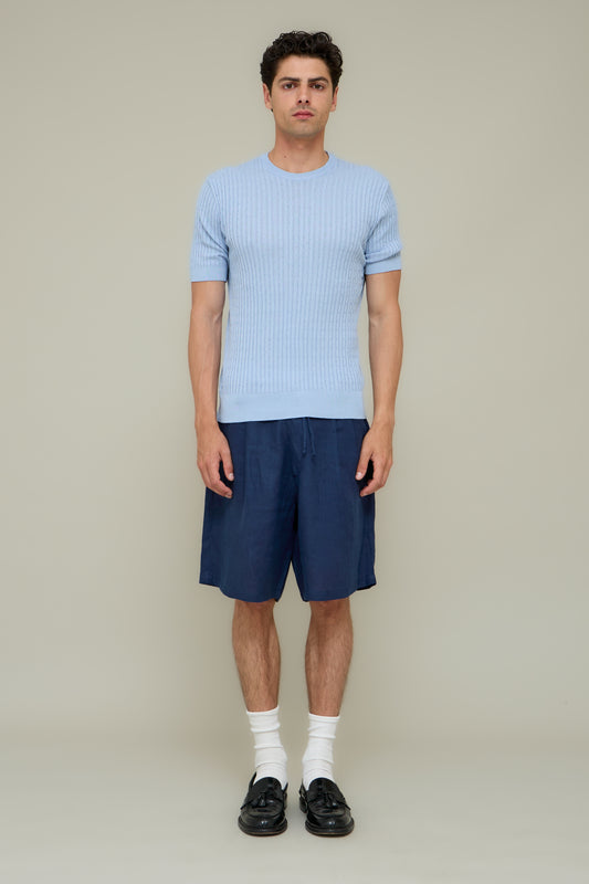 Pleated Linen Shorts - Blue Marina