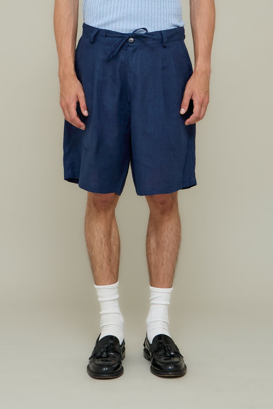 Pleated Linen Shorts - Blue Marina