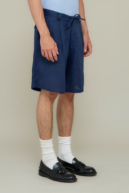 Pleated Linen Shorts - Blue Marina