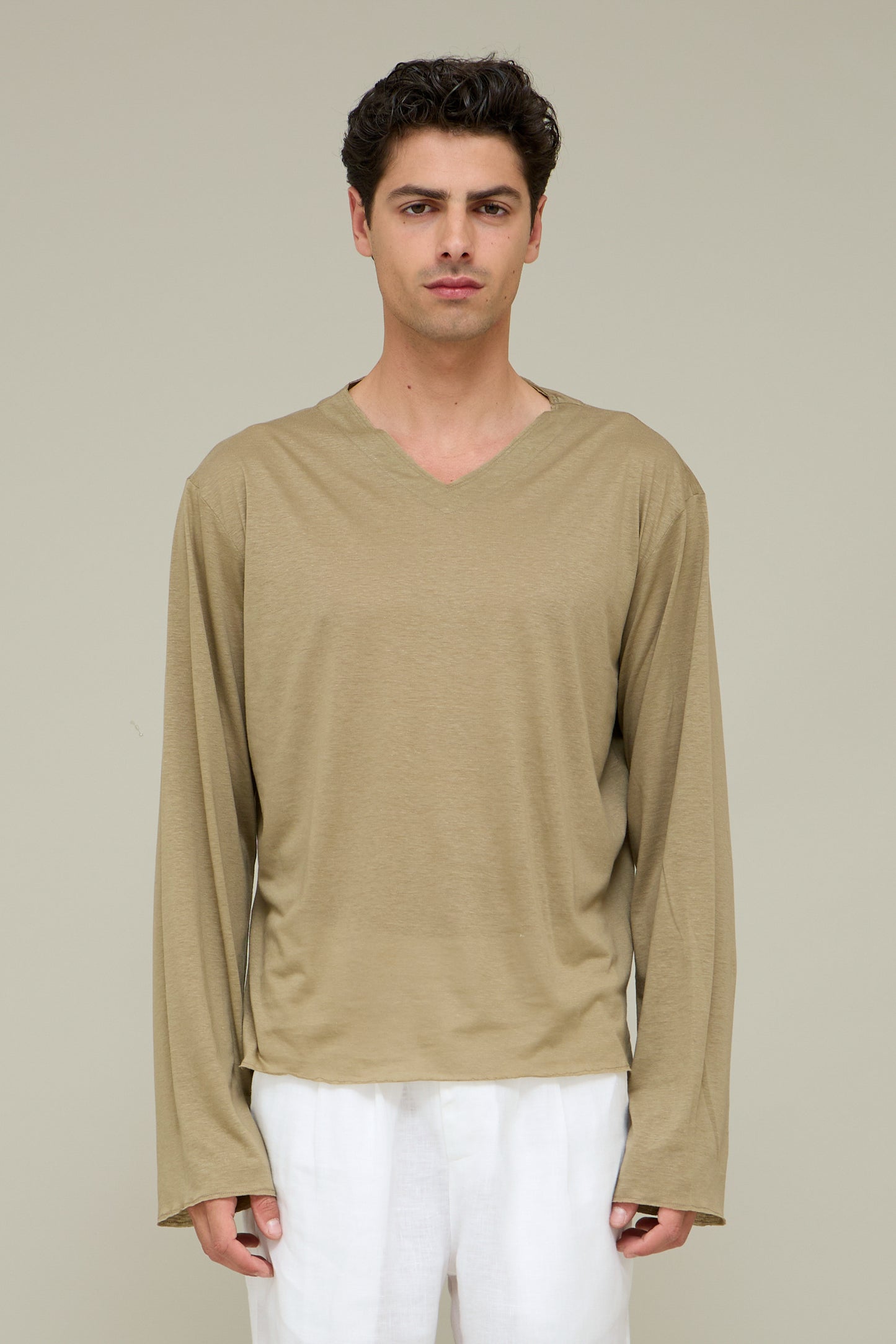 V-neck Silk Longsleeve - Grano Chiaro