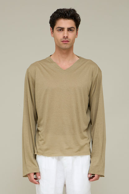 V-neck Silk Longsleeve - Grano Chiaro
