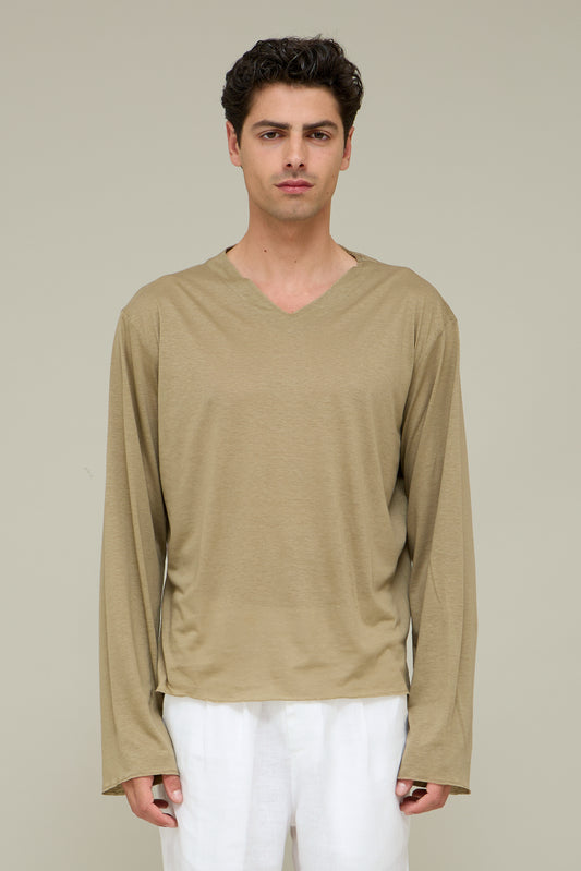 V-neck Silk Longsleeve - Grano Chiaro