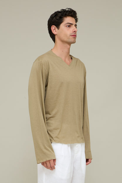 V-neck Silk Longsleeve - Grano Chiaro