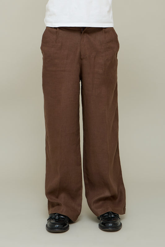 Linen Straight Trousers - Brown Caffè