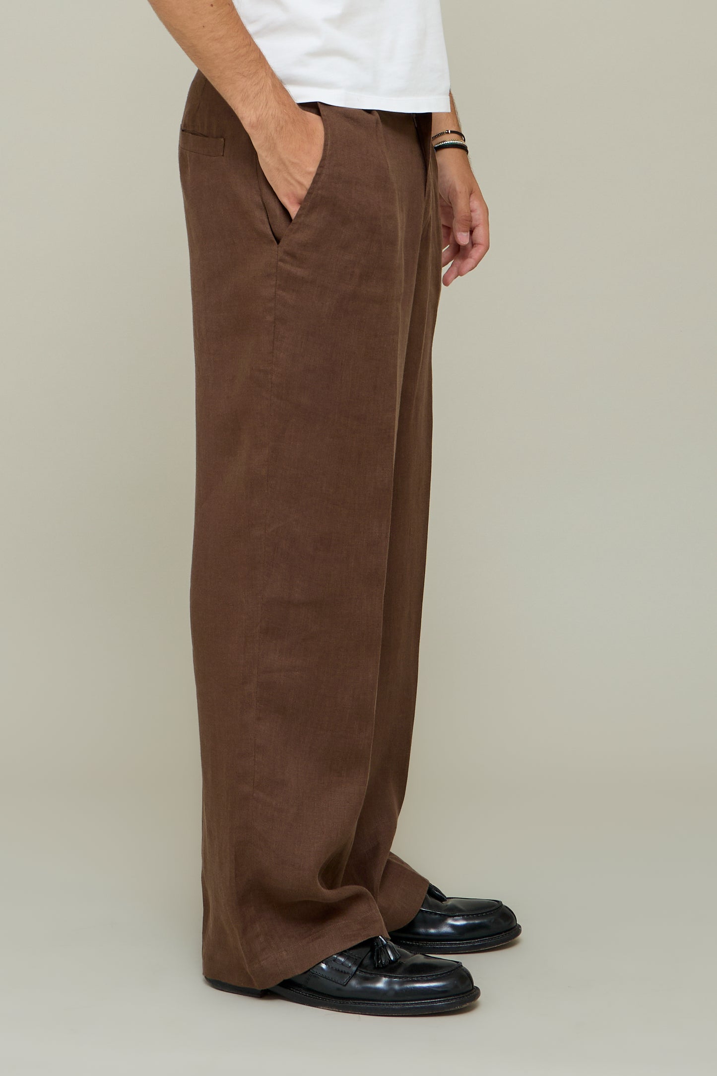 Linen Straight Trousers - Brown Caffè