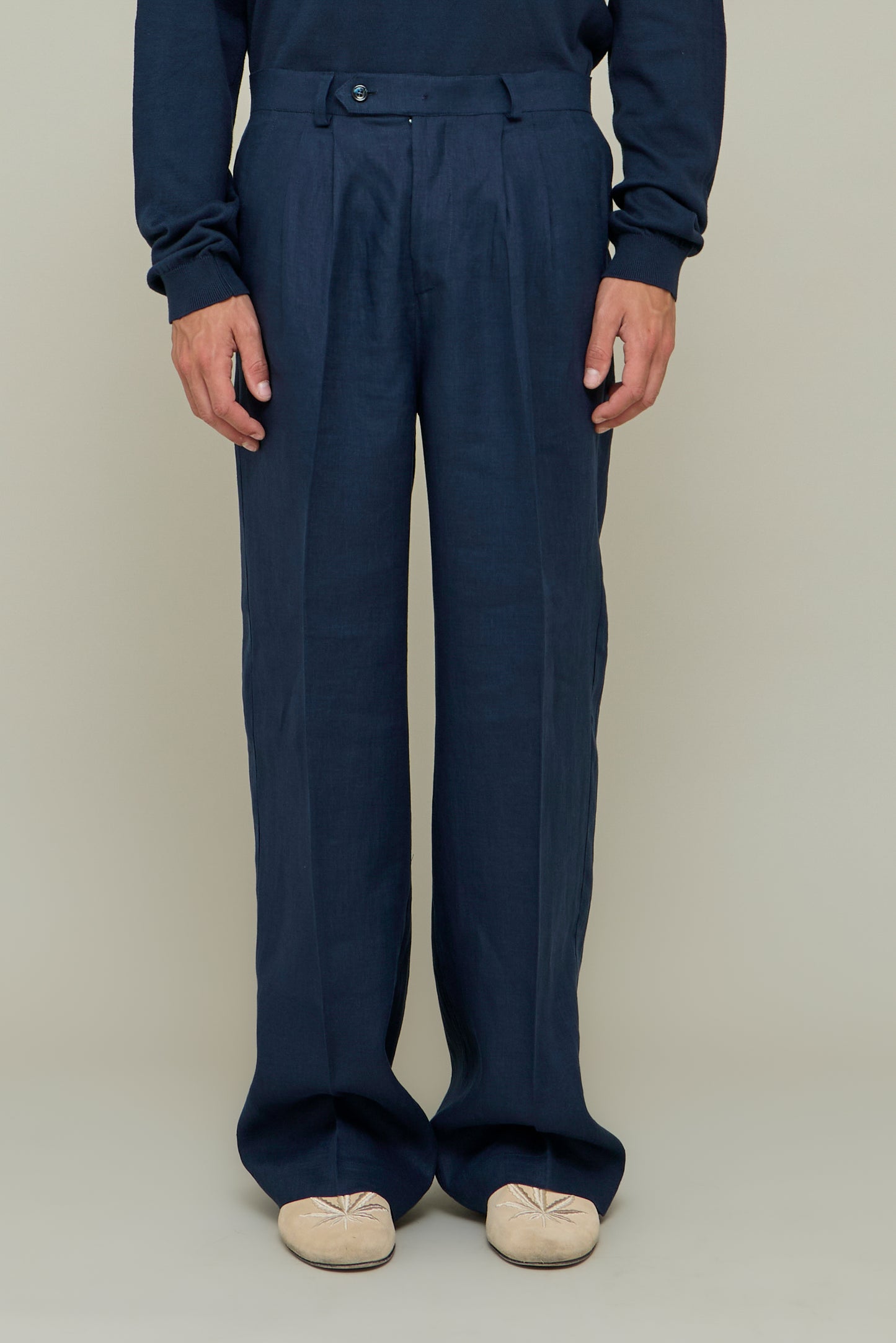 Linen Straight Trousers - Blue Marina