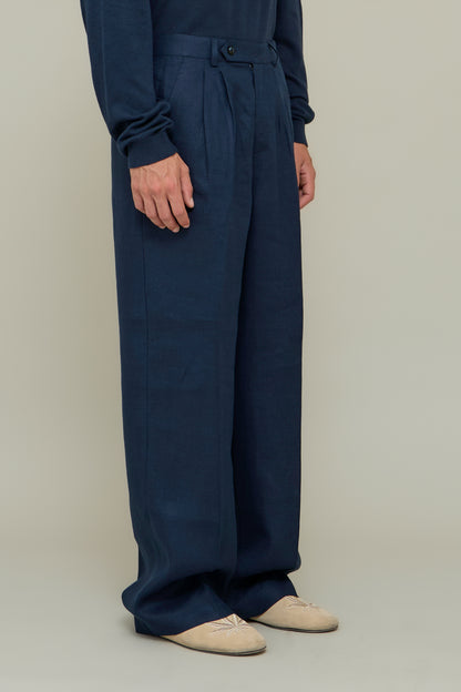 Linen Straight Trousers - Blue Marina