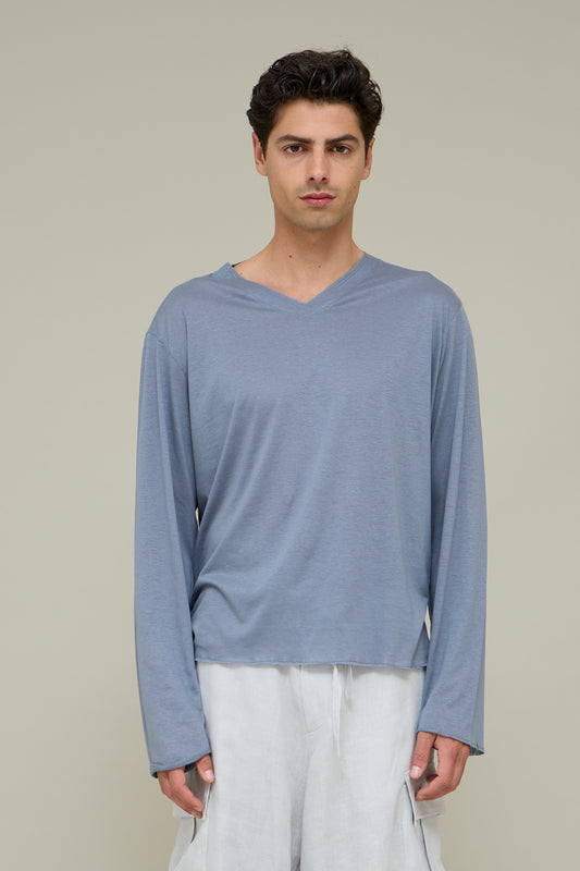 V-neck Silk Longsleeve - Polvere di Cielo