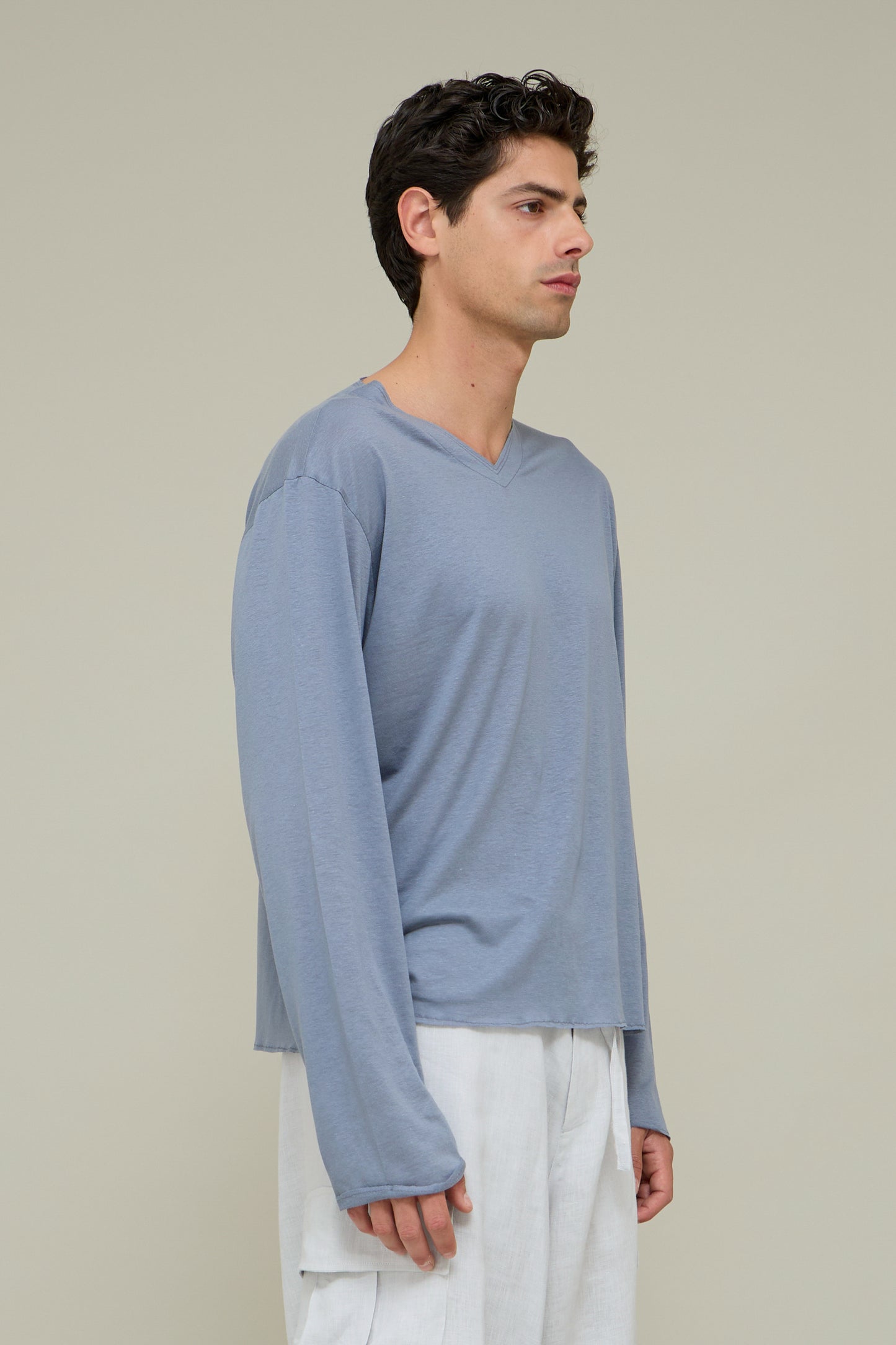 V-neck Silk Longsleeve - Polvere di Cielo